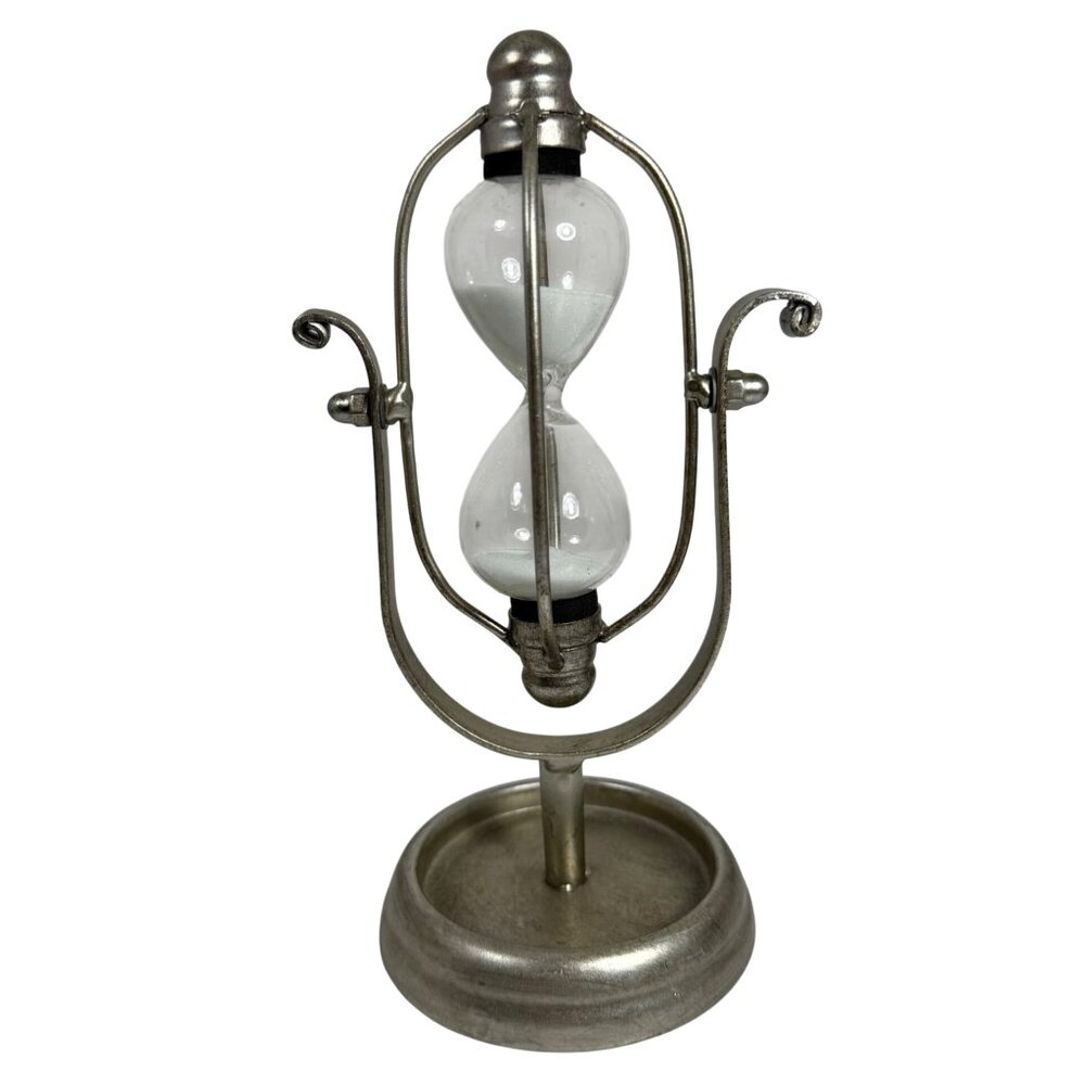 Vintage Metal Swivel Hourglass Sand Timer Decorative Accent Aged Silver